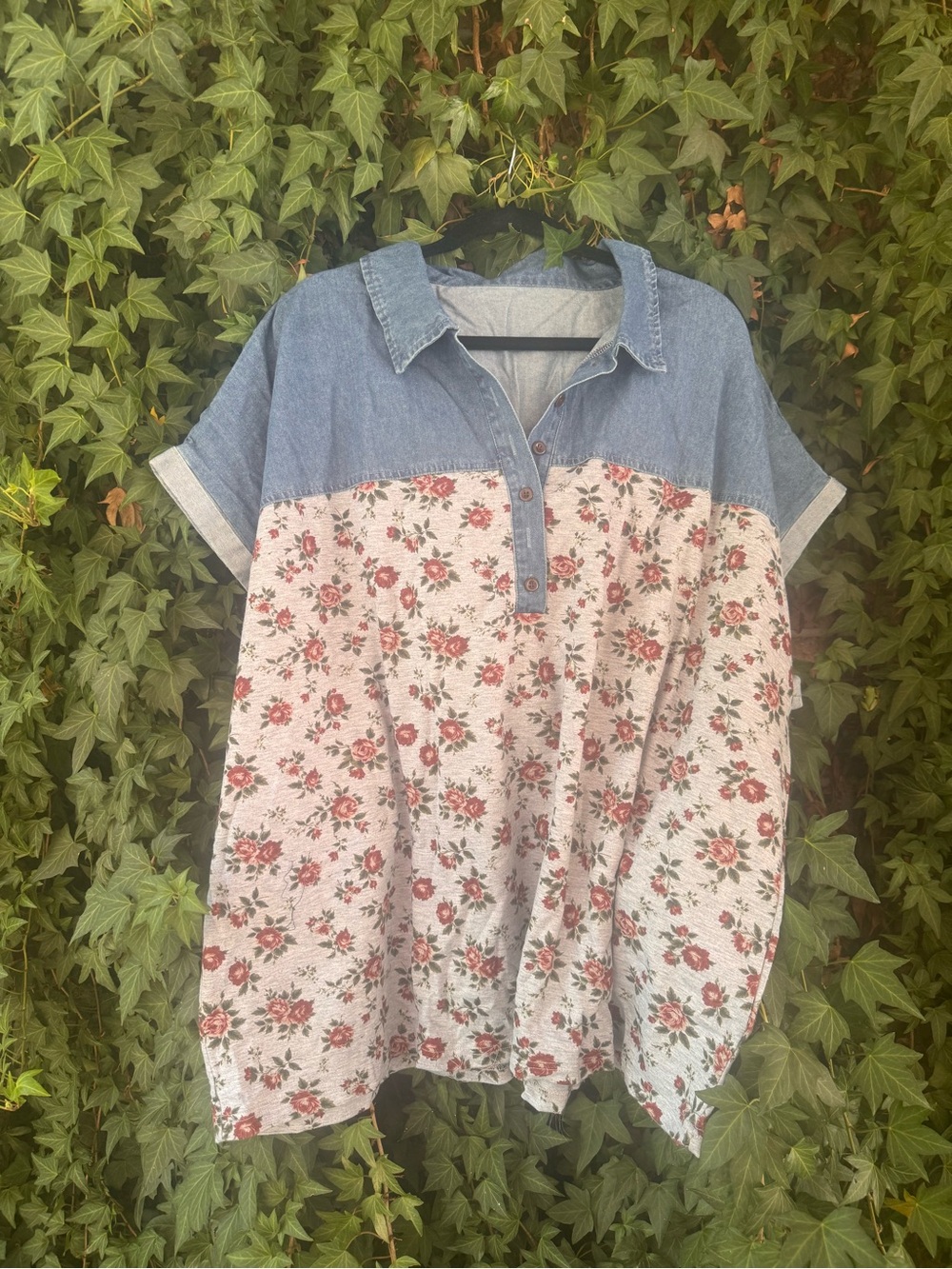 Denim & Floral Short-Sleeve Polo Top - Blue and Rose